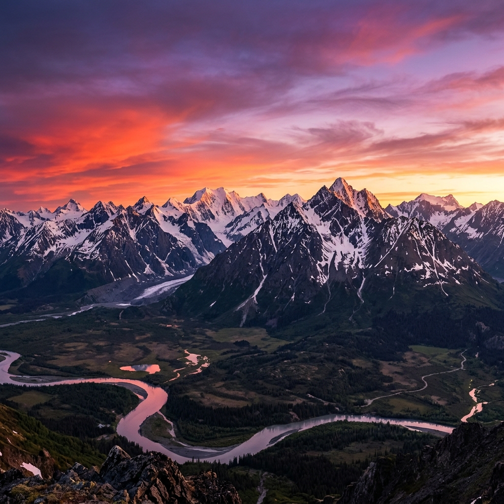 Aerial view of snow-covered Alaskan mountain ridges at dawn